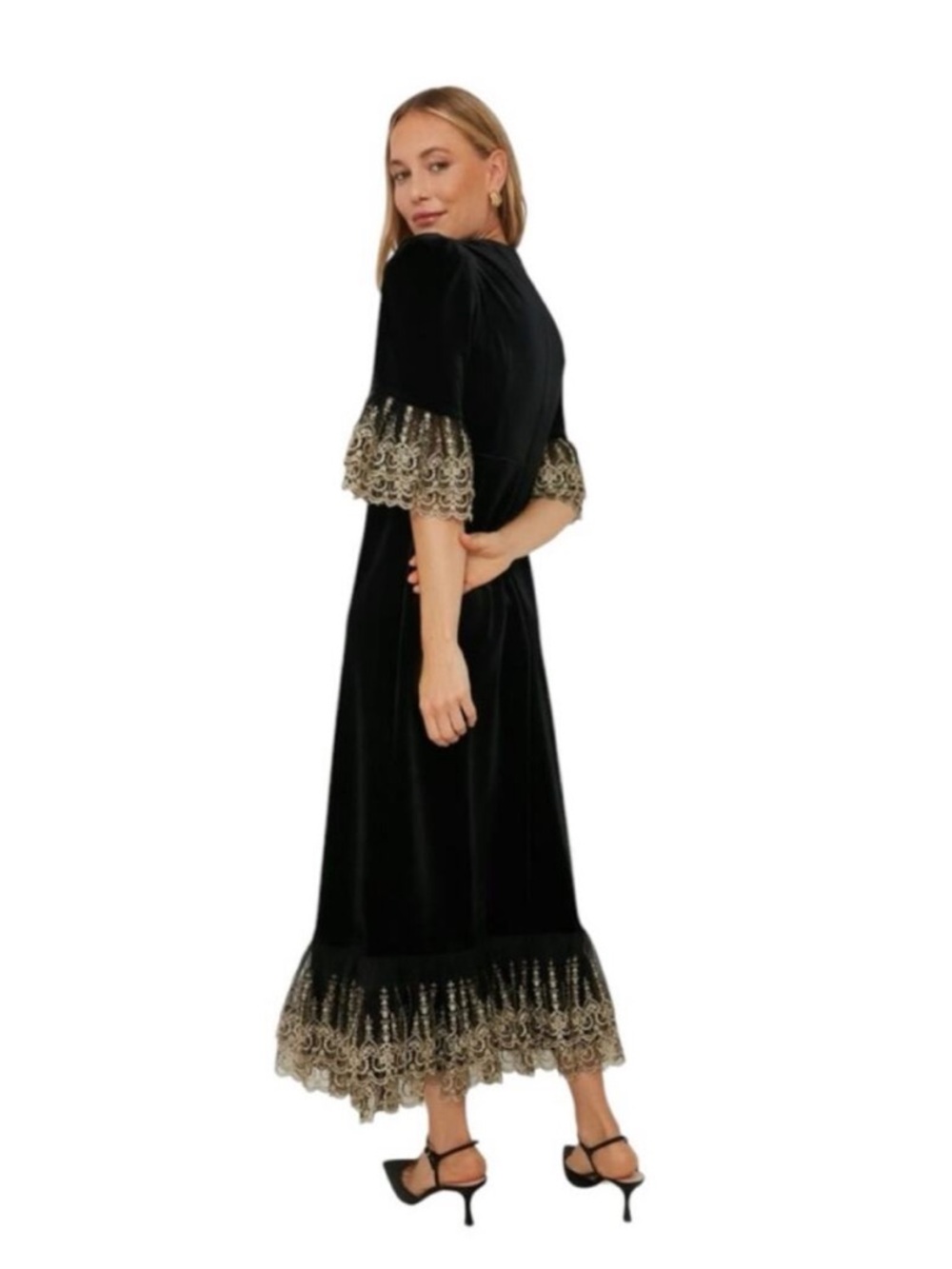 Tuckernuck Pomander Place Lillith Black Velvet Gold Lace Maxi Dress Small - Picture 4 of 4